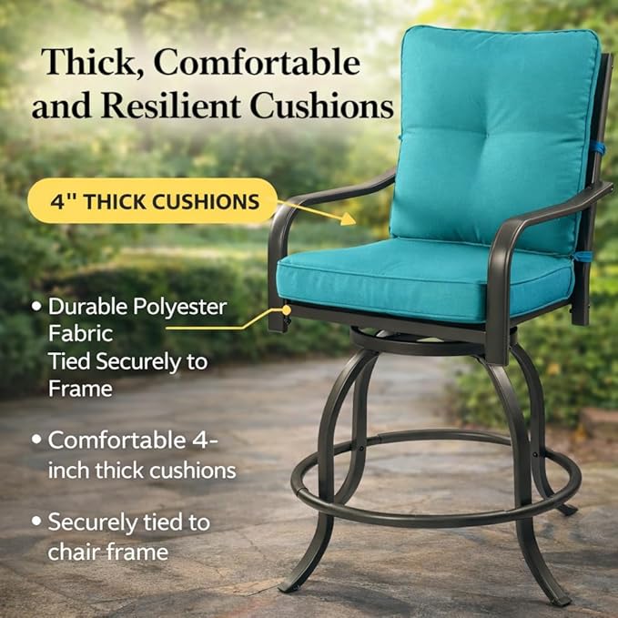 Kozyard Isabella Outdoor Swivel Bar Chairs, Counter Height Patio Bar Stools Set of 2 with Cushioned Seats, All-Weather Metal Bistro Chairs for Backyard Dining (Aqua, with Cushion)