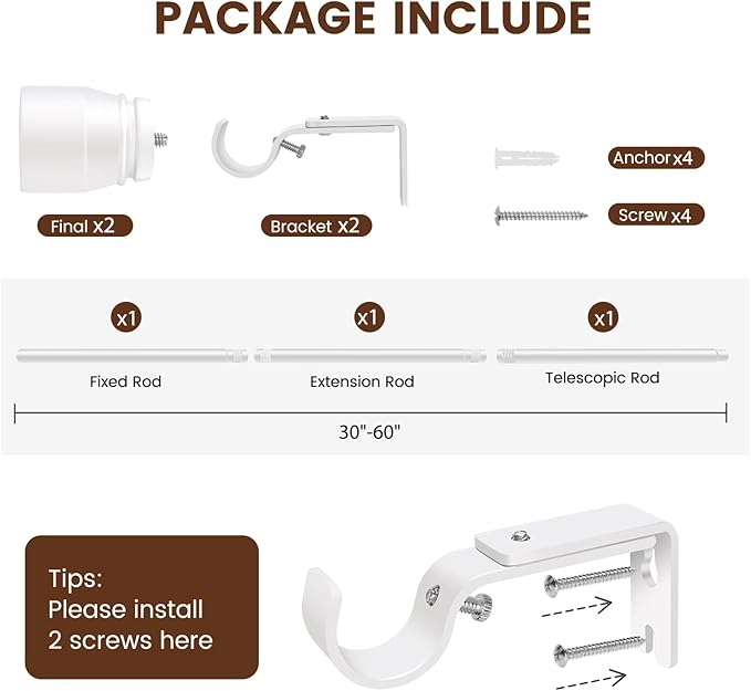 1” Diameter Curtain Rods Itself is 30 to 60 inch 1 Pack Fit 30-54 inch Window with Heavy Duty Adjustable Rod Matte White Splicing Metal Extra Long Curtain Rod for Windows