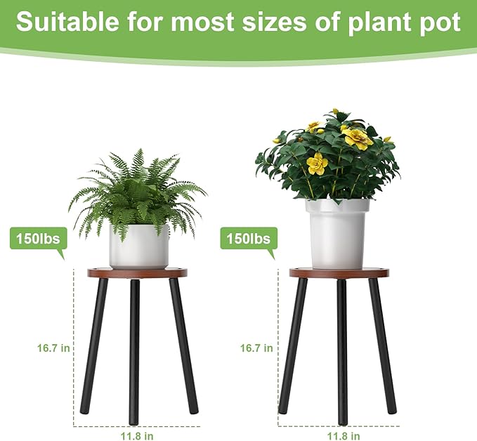 2-Pack Wood Plant Stands Indoor, 16.7" Tall Plant Stand Outdoor Mid-Century Plant Stool, Single Plant Table Modern Small Round Side/End Table for Living Room, Balcony, Office(Brown)