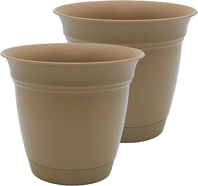 The HC Companies 20 Inch Eclipse Round Planter Pots with Drainage Holes & Attached Saucer, Lightweight UV-Resistant Plastic Indoor & Outdoor Planters, 2-Pack Flower Pots, Garden Home Decor, Sandstone