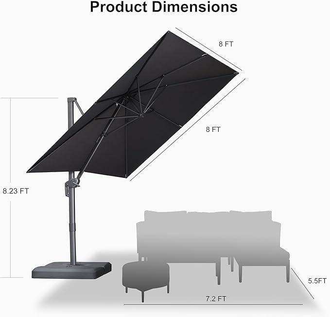 PURPLE LEAF 8 FT Outdoor Umbrella with Base Patio Cantilever Aluminum Umbrella with 3 Years Fade Resistance Recycled Fabric Offset Square with 360-degree Rotation for Deck Pool Garden, Graphite Grey