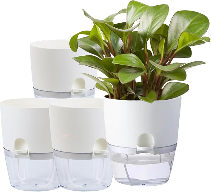 6Inch Self Watering Planter Pots 4 Pack Plant Pot for Indoor Wicking Flower Pots Plant Pots Modern Decorative Planter for Small African Violets House Plants,Herbs,Indoor Outdoor Plant (White)