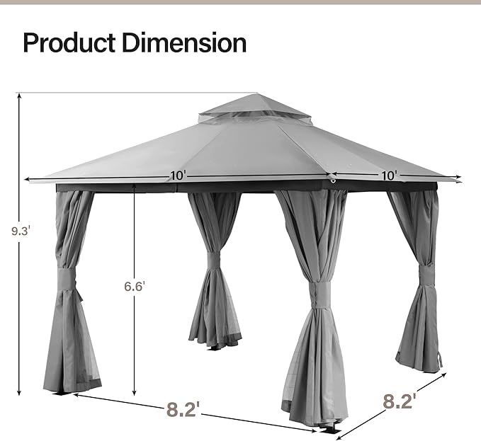 LAUSAINT HOME Semi-Permanent Outdoor Patio Gazebo 10'x10', Heavy Duty Party Tent Shelter with Double Roofs, Mosquito Nettings and Privacy Screens for Backyard, Garden, Lawn, Gray