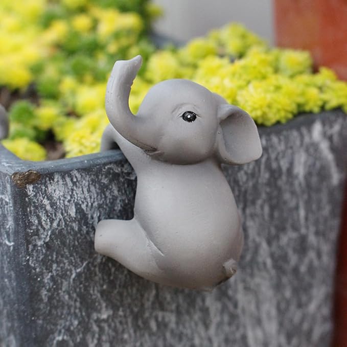 Set of 2 Cute Climbing Elephant Statues Flower Pot Hugger, Resin Hanging Animals Figurine Outdoor Planter Pot Decorations for Home Garden Patio Lawn Yard Ornaments