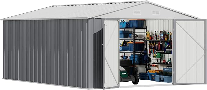 Devoko 10x14 FT Outdoor Storage Shed, Large Metal Storage Sheds with Lockable Door, Utility Garden Tool Shed with Sloping Roof, Outside Steel Storage Sheds for Patio Lawn Backyard, Gray