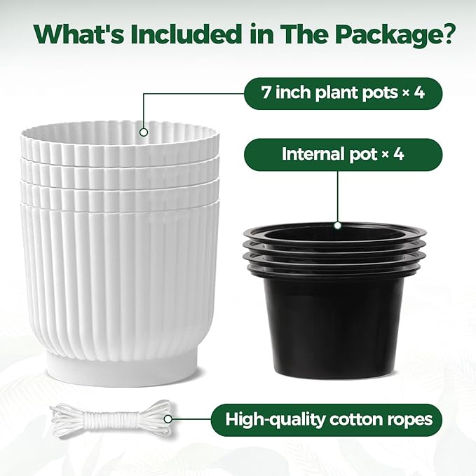 T4U 7 Inch Self Watering Pots for Indoor Plants, 4 Pack Plant Pots, Self Watering Planter for Indoor Plants, Durable Plastic Pots (4 Pack, 7", White)