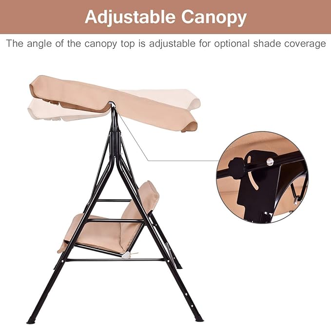 Tangkula 2 Person Porch Swing, Outdoor Swing with Removable Cushions, Solid Steel Structure, Patio Swing with Adjustable Canopy for Porch, Backyard, Garden, Balcony Beige