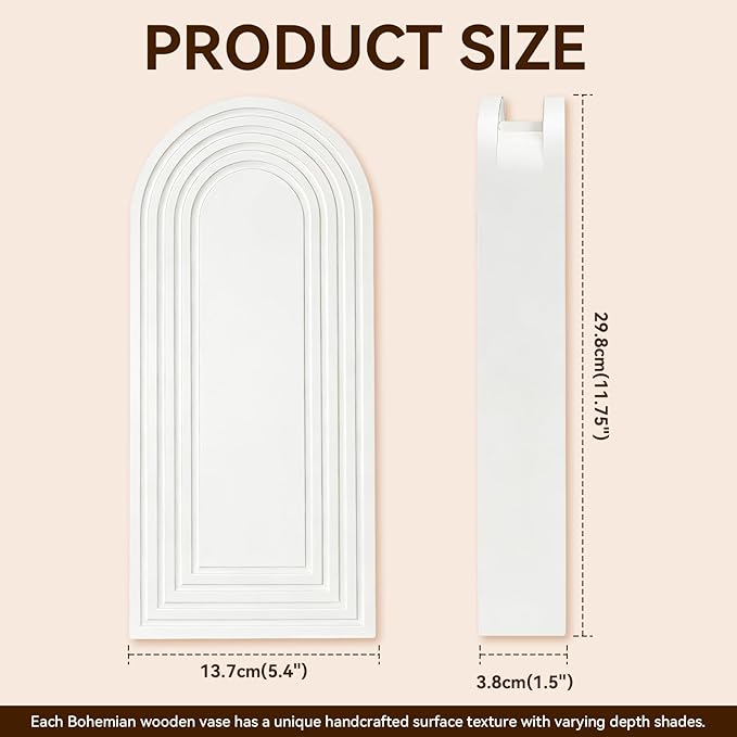 2 Pack Wooden Wall Vase Set, Boho Hanging Planter for Indoor Plants & Flowers, Wood Wall-Mounted Planters for Living Room, Modern Farmhouse Entryway or Bathroom, Rustic Art for Home (White)