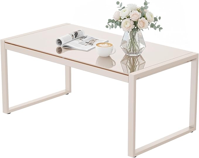 ONBRILL Rectangle Coffee Table with Tempered Glass Desktop, Galvanized Frame Outdoor Coffee Table with Adjustable Feet for Patio, Balcony, Deck, Living Room, Sand