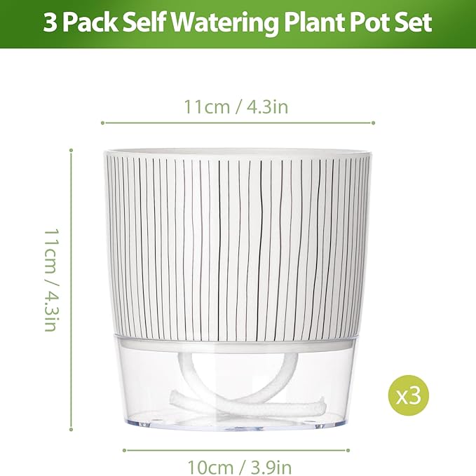 3 Pack Self Watering Pots Set, 4 Inch Self Watering Pots for Indoor Plants, Planter Pot with Wick Rope and Reservoir for African Violet, Spider Plant, Orchid