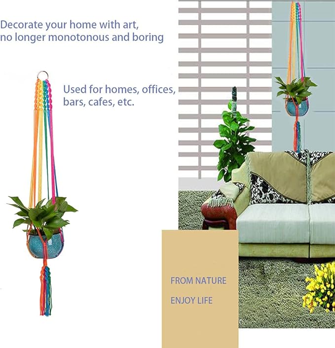 Rainbow Colorful Macrame Plant Hanger with 2 Hooks, Hanging Plant Holder Indoor Outdoor, Handmade Cotton Rope for Boho Room Decor Hanging Ceiling Decor，2 Pack