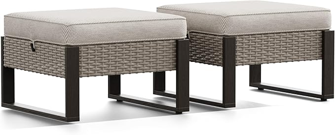 Joyside Outdoor Patio, All-Weather PE Rattan Ottomans Footstools with Removable Cushions & Anti-Rust Wood-Looking Legs for Garden, Backyard, Porch, Deck (Beige)