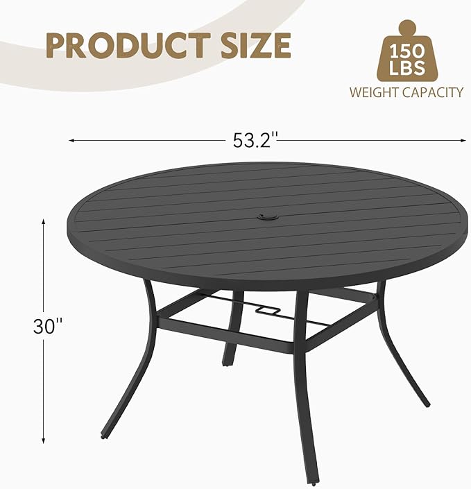 MELLCOM 53'' Round Outdoor Dining Table for 6, Metal Patio Dining Table with Umbrella Hole, All-Weather Black Table for Porch, Garden, Backyard, Poolside, Lawn