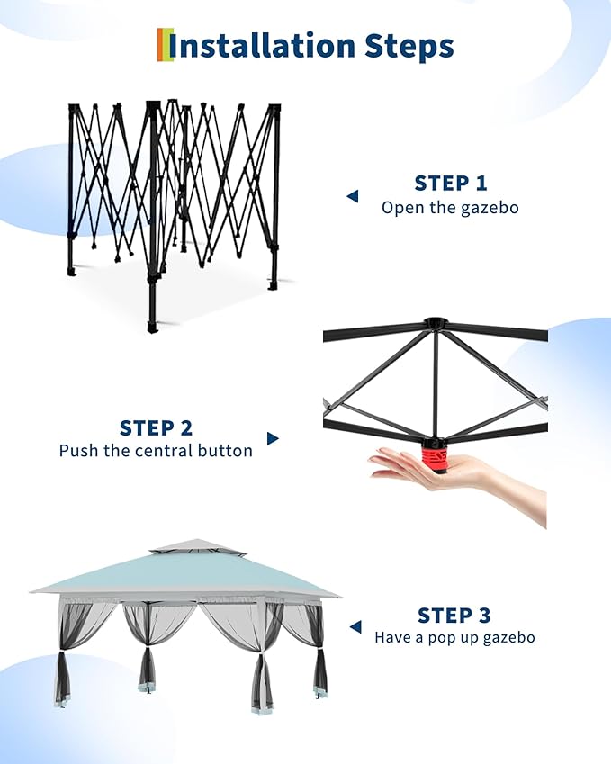 Canopy Tent 12x12 ft, Pop Up Gazebo One-Push Setup with 4 SandBags for Backyard Parties and BBQs, Mosquito Netting & Height Adjustable - Lake Blue