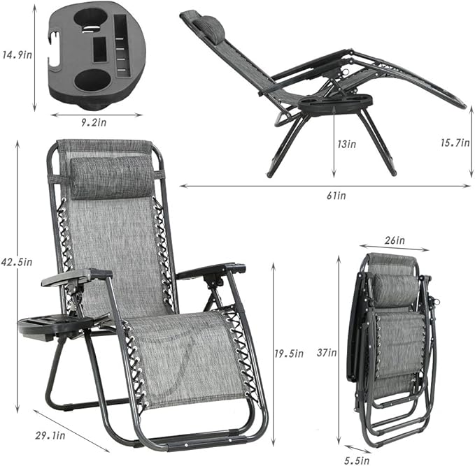 FDW Set of 2 Lawn Outdoor Deck Camping Folding Patio Beach Anti Recliner Pool Chair with Pillow and Cup Holder, Grey