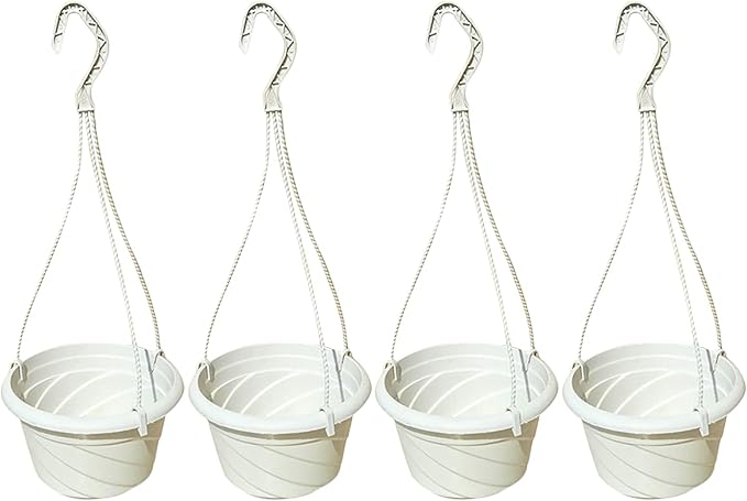 VIDELLY 4 Pieces Plastic Hanging Planters, 5.9 in Dia x 3.54 in H, Small Flower Plant Basket Pots Chain Holder Garden Decoration for Indoor and Outdoor Use, Beige White