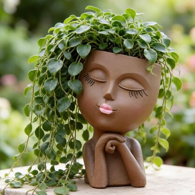 Face Flower Pot Head Planter, Girl Heads Flowerpot, Lady Faces Plant Pot, Female Bust Statue Succulent Pots with Drainage Hole for Indoor Outdoor Plants, Modern Human Art Vase(7" Brown)