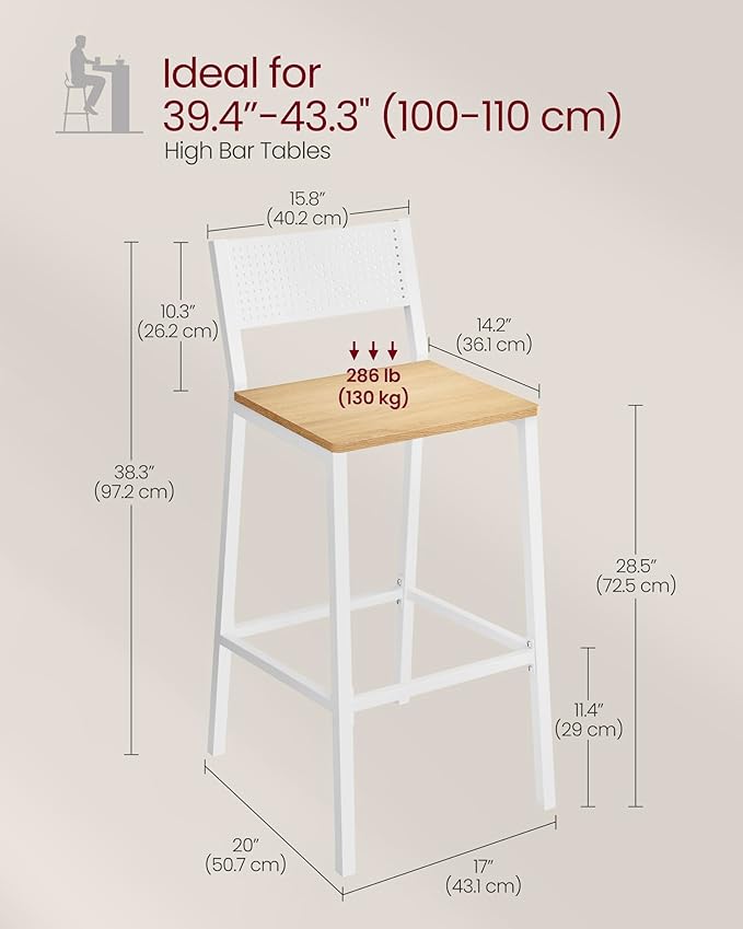 VASAGLE Bar Stool Set of 2, Bar Chairs for Kitchen, Dining Room, Industrial, Oak Beige and White ULBC070W09