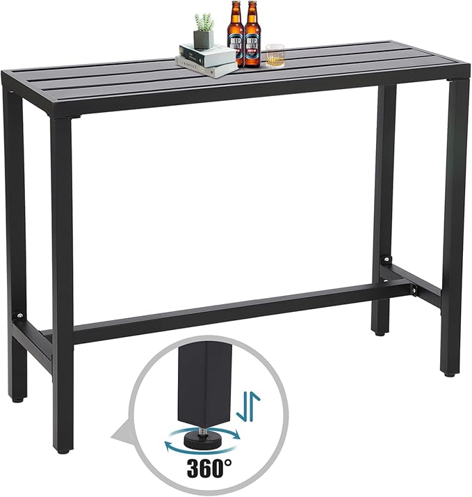 Outdoor Bar Table, Patio Console Pub Height Tables with Powder Coated Steel Frame, Weather Resistant Waterproof Top for Hot Tub, Balcony, Garden, Yard, Poolside (Black, 55" Bar Table)