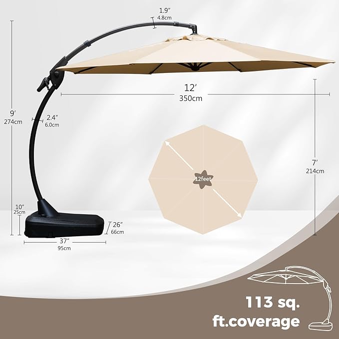 Grand patio 12 FT Sunbrella Cantilever Umbrella with Base Outdoor Aluminum Offset Umbrella with Tilt Adjustment (Flax, 12 FT-SUNBRELLA)