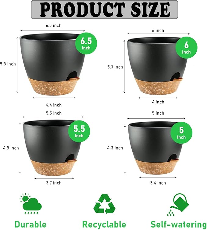 4-Pack Plant Pots with Drainage 6.5/6/5.5/5 Inch, Self Watering Pots for Indoor Plants, Planters for Indoor Outdoor Plants, Plastic Flower Pot, Planter for Indoor Outdoor (Black)