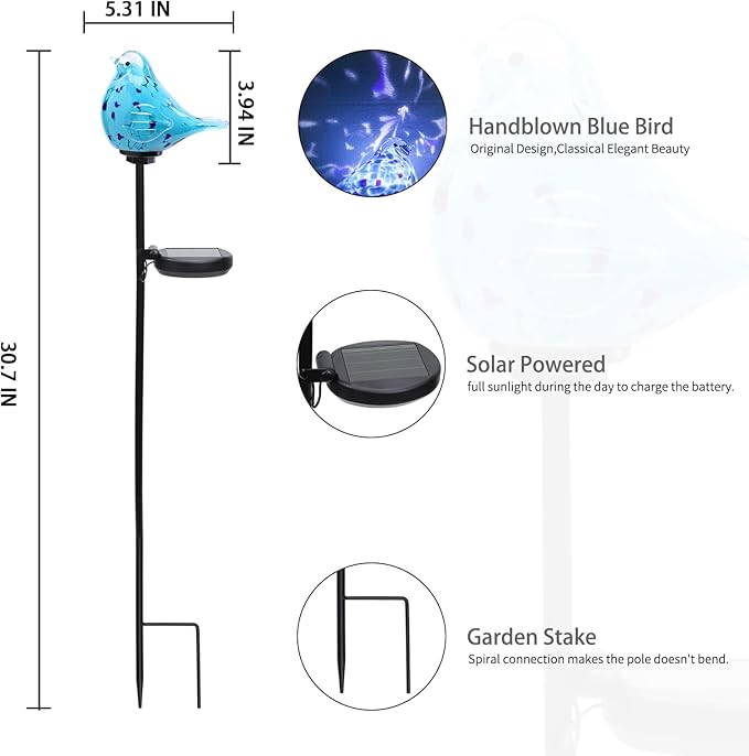 Bshine Solar Garden Decoration Outdoor Bluebird Lights, Hand Blown Glass Waterproof Solar Light Stake Decorate Paths, Pathways, Lawns and Yards Art for Mom Gifts