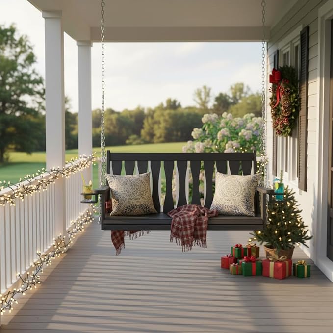 HIPS All-Weather Outdoor Hanging Porch Swing,2 Seat Hanging Swing Bench with Cup Holders,Patio Swing Chair with Hanging Chains for Courtyard & Garden