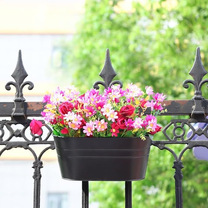3 Pack Metal Railing Planters, 10.5" Oval Hanging Flower Pots with Detachable Hooks & Drainage Holes, Fits Rails up to 2.36", Galvanized Iron Fence Bucket for Balcony Garden Patio - Black