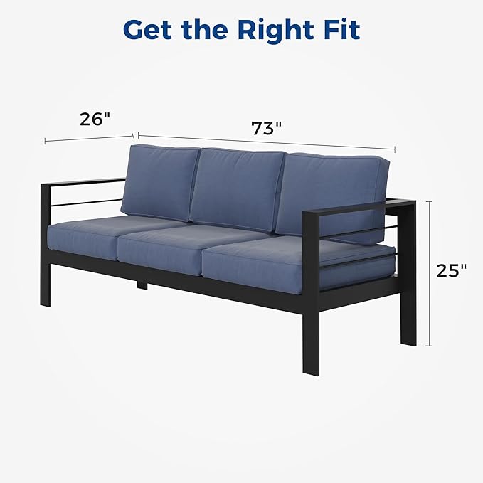 Kiss the Water Outdoor Couch Aluminum Patio Furniture Sofa, 3 Seat All-Weather Metal Patio Couch with 5" Thick and Soft Cushion and Wide Arm, Outdoor Sofa for Balcony, Porch