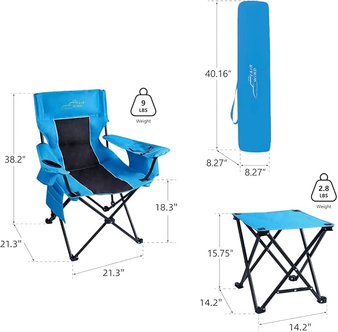 FAIR WIND Oversized Padded Camping Chair with Footrest Stool Heavy Duty Cooler Bag Chair for Fishing, Tailgating, Sports Games, Backyard - Support 300 LBS Blue