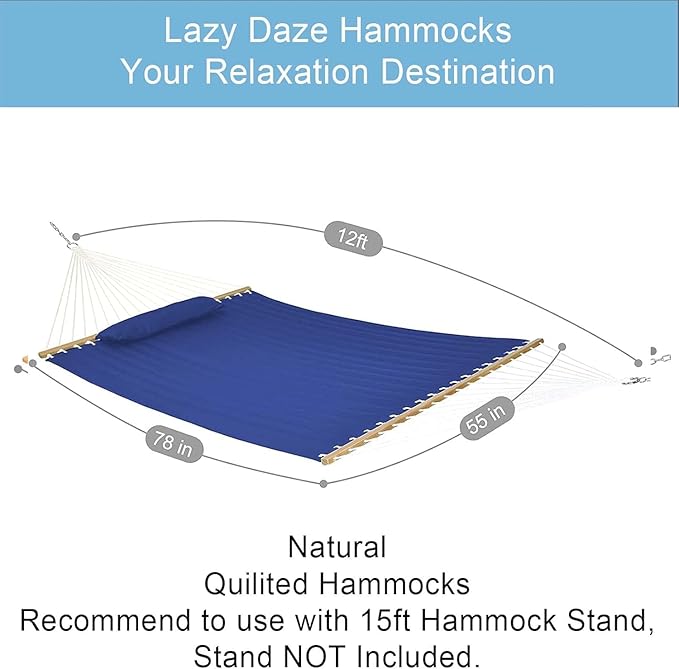Lazy Daze Hammocks 12 FT Double Quilted Fabric Hammock with Spreader Bar and Detachable Pillow, 450lbs Weight Capacity, Navy Blue
