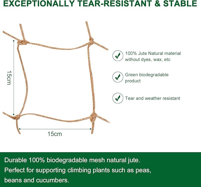 Jute Trellis Netting - Jute Netting for Garden, Heavy Duty Plant Support Netting for Climbing Plants, Cucumber, Vine, Fruits & Vegetables, Climbing Vining Plants (3.3 Ft X 6.6 Ft, 5.9 Inch Squares)