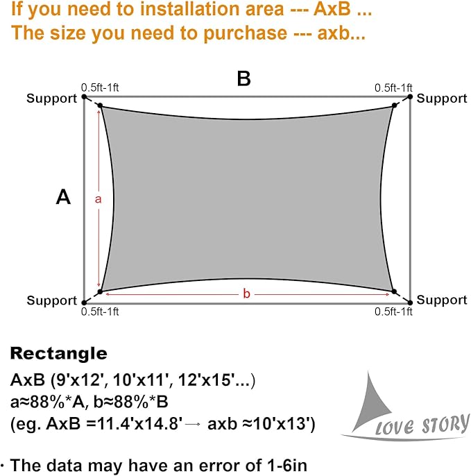 LOVE STORY Custom Size 6'x6' Butter Cream Sun Shade Sail Rectangle UV Block Canopy Patio Sail Sunshades Fabric for Outdoor Garden Carport (We Make Custom Size)