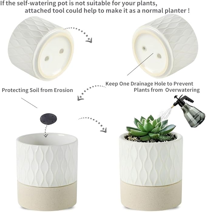Nihow Self Watering Plant Pot for Indoor Plants: 4.5+6 Inch Ceramic Planter with Drainage Hole & Water Storage Plus - Cylinder Flower Pot with Wick for Herbs - Cream White & Brown Net