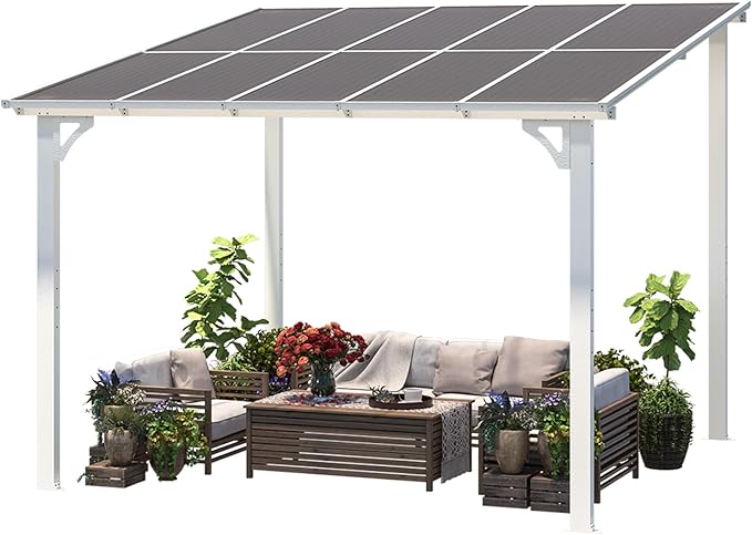 AECOJOY 10' x 10' Pergola Gazebo in White, Small Wall Mounted Pergolas and Gazebos on Clearance, Outdoor Patio Lean to Gazebo Metal Awnings for Deck, Porch, Backyard and More