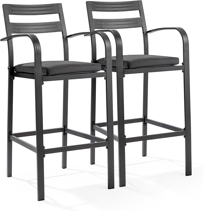 VINGLI Outdoor Bar Stools Set of 2, All-Weather Bar Height Aluminum Stools with 1.6" Thick Cushion, Rust-Proof Patio Chairs for Backyard, Poolside, Balcony & Kitchen Island (Dark Gray)