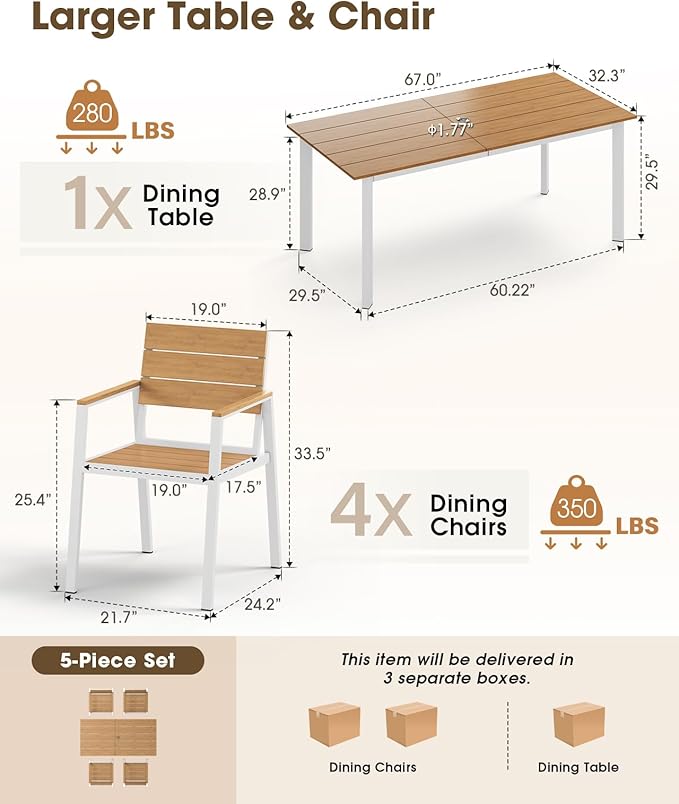 Outdoor Patio Dining Set, Aluminum & HDPS 5 Piece Outdoor Table and Chairs Set with Umbrella Hole, Modren Rectangular Patio Furniture Set with All-Weather Table and 4 Chairs (White & Teak)