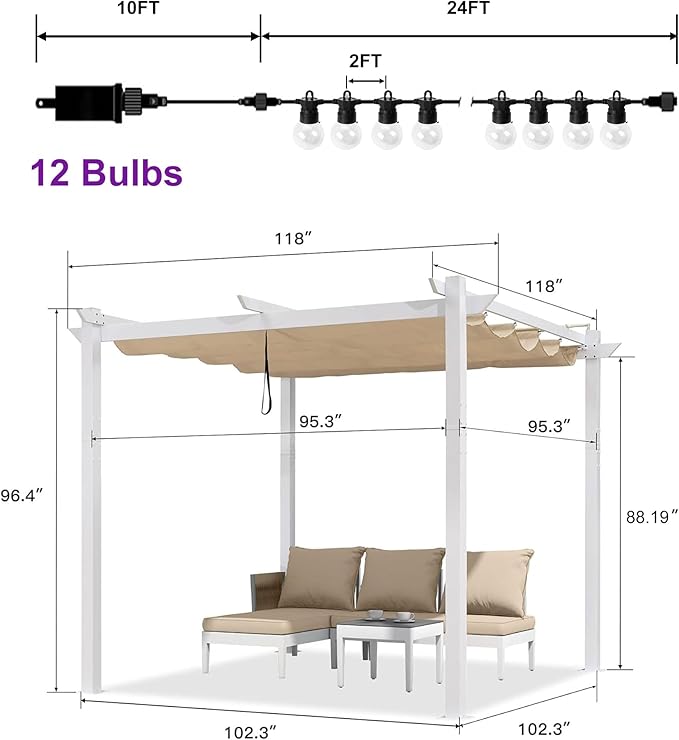 PURPLE LEAF 10' x 10' Outdoor Aluminum Pergola White Heavy-Duty Retractable Pergola Patio Metal with Double Sun Shade Canopy and Light for Backyard Gardens Deck, Khaki