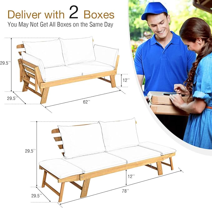 Tangkula Convertible Acacia Wood Patio Couch Sofa Bed with Adjustable Armrest, Outdoor Daybed with Cushion & Pillows, Outside Folding Futon Sofa Couch Bench for Porch, Courtyard, Poolside & Garden