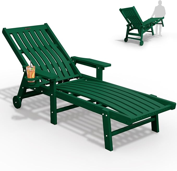 Patio Chaise Lounge Chair, Oversized Lounge Chair Outdoor with 5 Positions, HDPE, Patio Lounge Chair with Wheels & Cup Holder for Pool, Deck, Poolside,Green