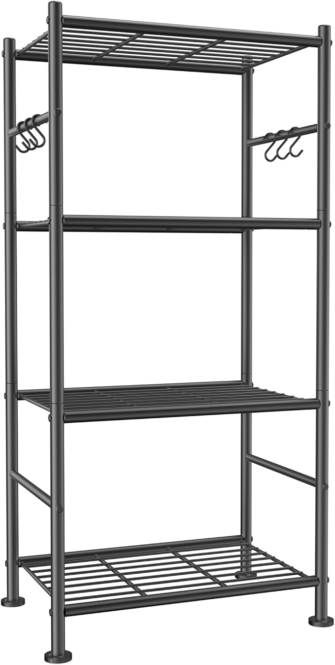 Storage Shelves - 4-Tier Large Capacity Shelf Organizer with Hooks, Heavy-Duty Garage Shelving with Leveling Feet, Wobble-Free Rack for Bedroom, Balcony, Garage, 18.1"×12.4"×43.7", Black