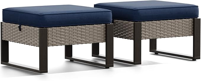 Joyside Outdoor Patio, All-Weather PE Rattan Ottomans Footstools with Removable Cushions & Anti-Rust Wood-Looking Legs for Garden, Backyard, Porch, Deck (Blue)