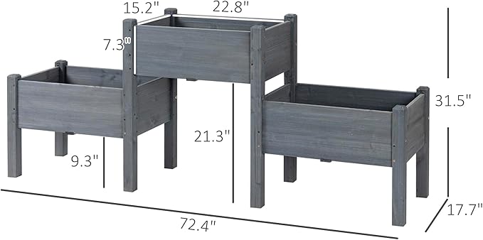 Outsunny Raised Garden Bed with 3 Planter Box, Elevated Wooden Plant Stand with Drainage Holes, for Vegetables, Herb and Flowers, Gray