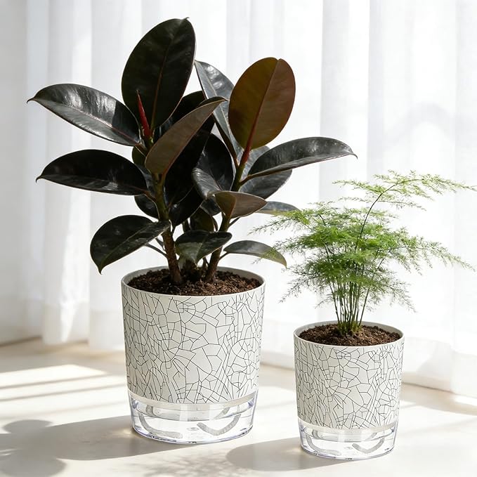 Self Watering Pots for Indoor Plants, 4/5.5 Inch Crackle Pattern Planters with Clear Water Reservoir & Wick System, 4 Pack Plastic Flower Pots for Succulents, Herbs, African Violets