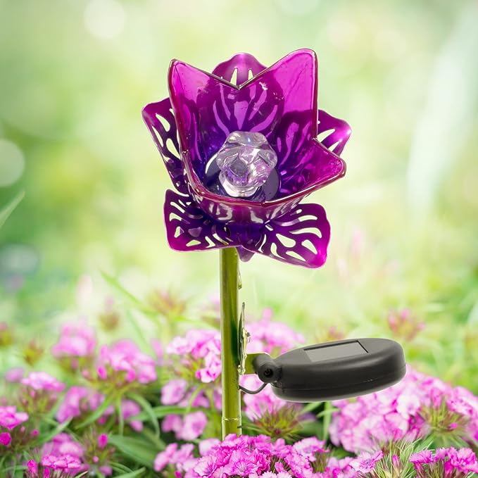 Crosslight Glass Flower Solar LED Waterproof Outdoor Garden Stake - Decorative Electronic Light Garden Decor for Yard, Lawn, Patio, Deck, Pathway, Pond, Backyard (Purple)