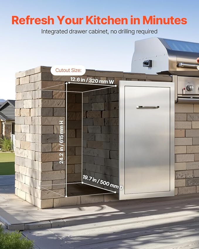 VEVOR Outdoor Kitchen Trash Drawer, 11.81" W x 19.6" D x 23.62" H Interior Storage, Multi-Purpose Outdoor Kitchen Drawers Stainless Steel, 55 lbs Max Capacity per Tier, for Outdoor BBQ Island Kitchen