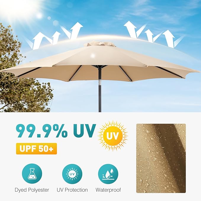 OLIXIS 9ft Patio Umbrella with Tilt and Crank Button & 8 Sturdy Ribs Waterproof, Patio Table Umbrella Perfect for Poolside, Terrace, Beach and Outdoor Restaurant, Khaki