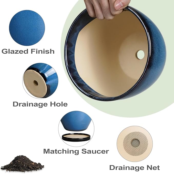 Ceramic Planters for Indoor Plants - 6.3 Inch Plant Pot with Drainage Hole and Saucer Round Modern Planter Home Garden Patio Decor Blue