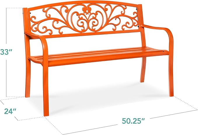 Best Choice Products Outdoor Bench Steel Garden Patio Porch Furniture for Lawn, Park, Deck w/Floral Design Backrest, Slatted Seat - Carrot