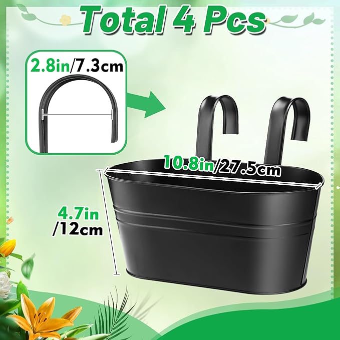 MADHOLLY Railing Planter with Drainage Holes - Sturdy Bucket Pots for Railing Fence, Countryside Style Metal Flower Pots for Herbs Balcony Garden Yard Decor, 4Pcs, Black